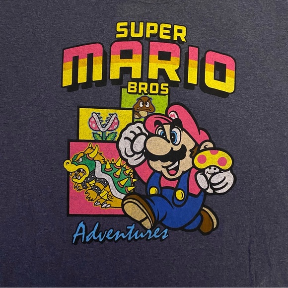 🍄 Super Mario Bros Adventures Tee Shirt Mens 2XL Blue Multi Color Mario Bowser - Picture 2 of 6